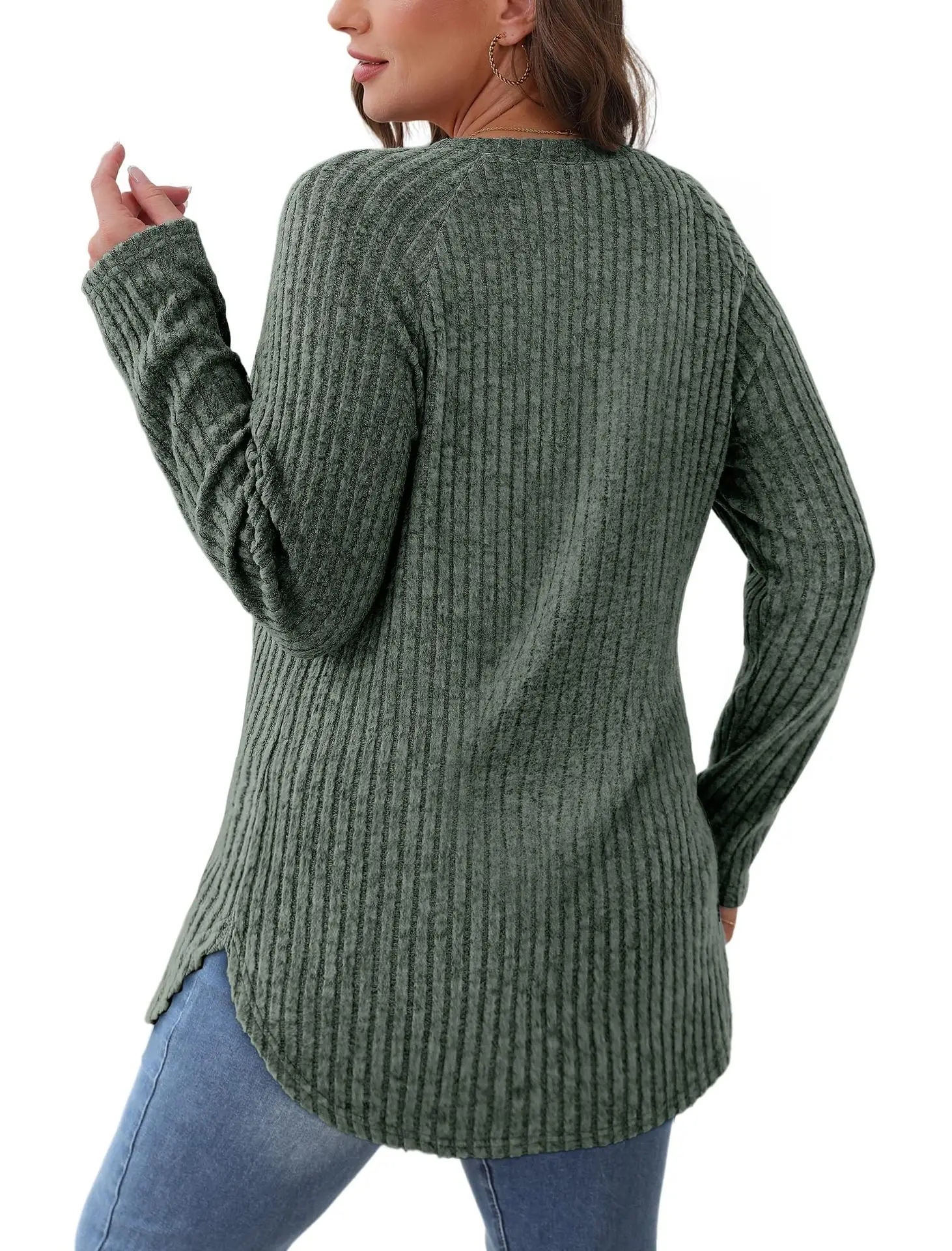 Women's Long Sleeve Ribbed Green Pullover Top — feature 3