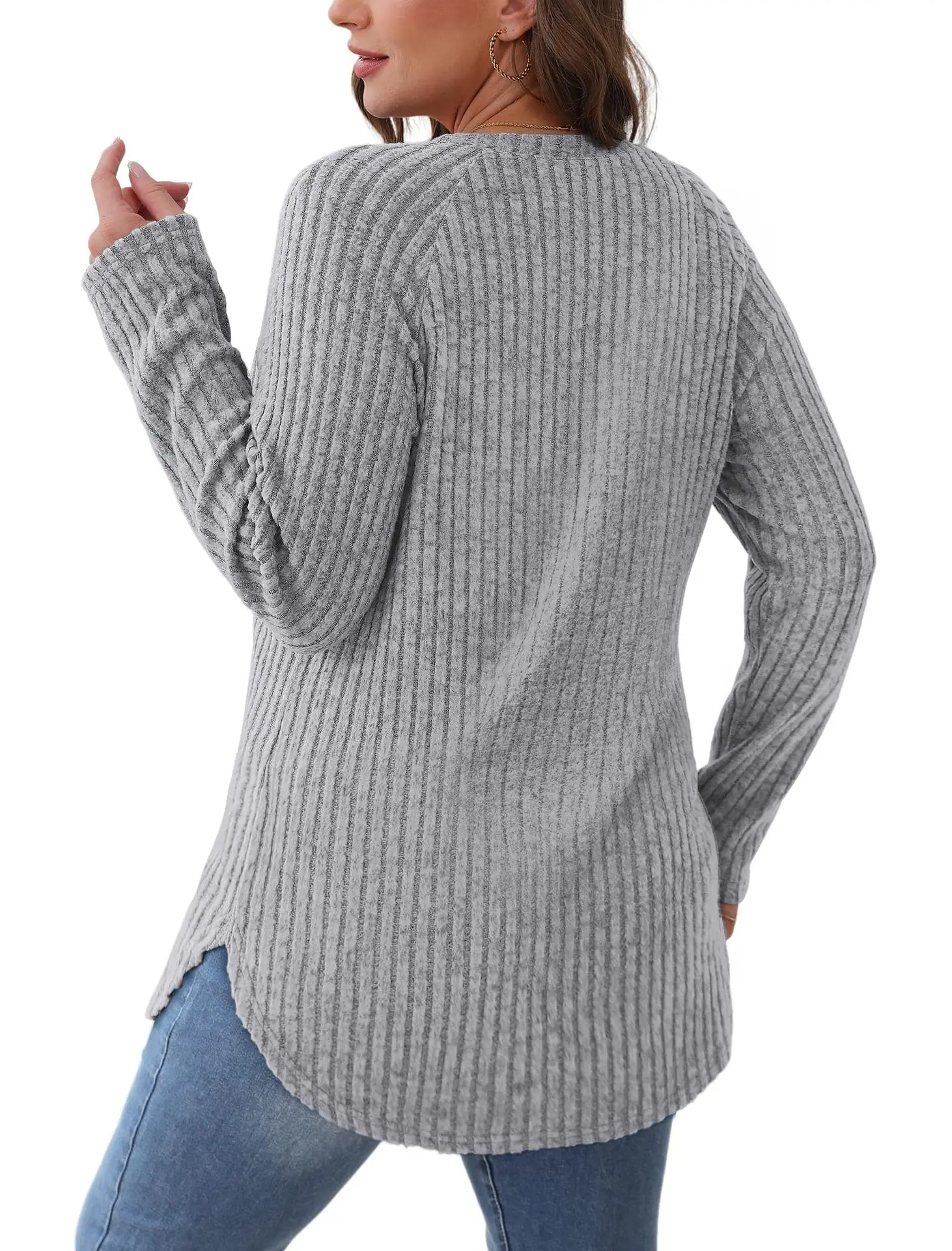 Women's Long Sleeve Ribbed Green Pullover Top — feature 30
