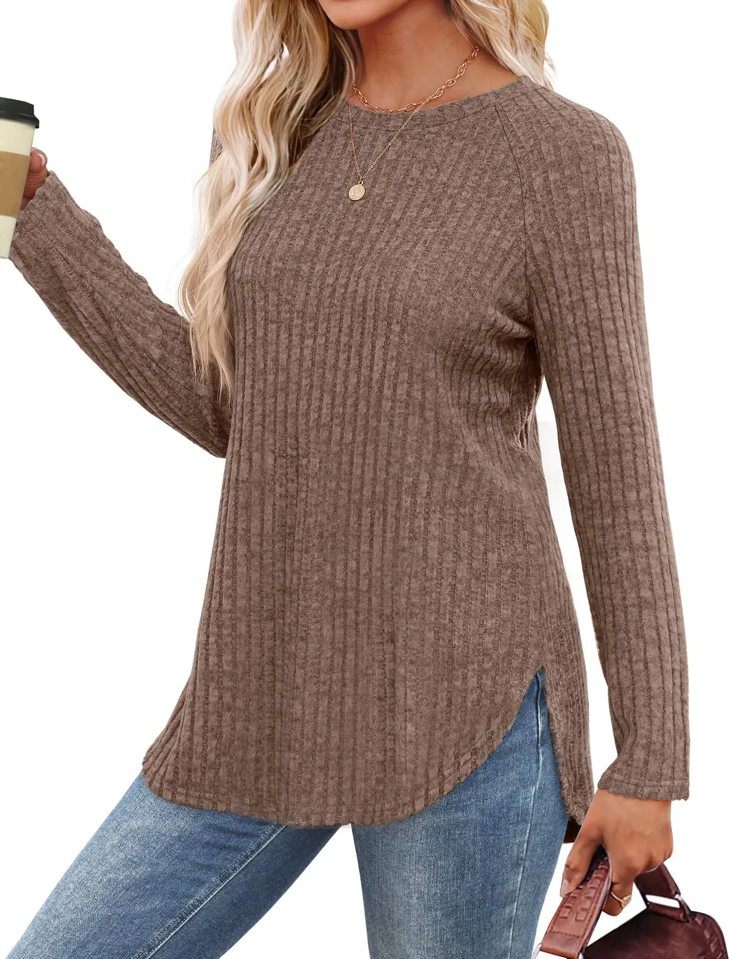 Women's Long Sleeve Ribbed Green Pullover Top — feature 32