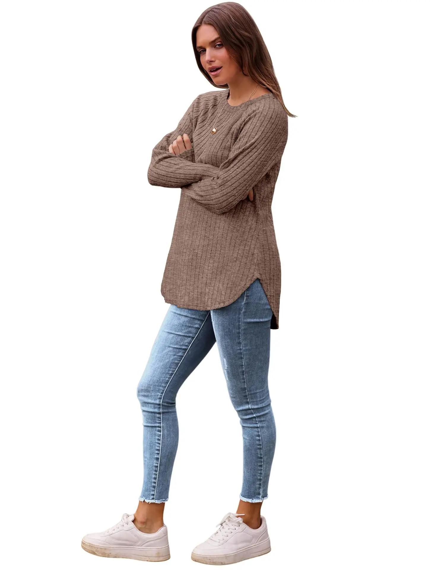 Women's Long Sleeve Ribbed Green Pullover Top — feature 33