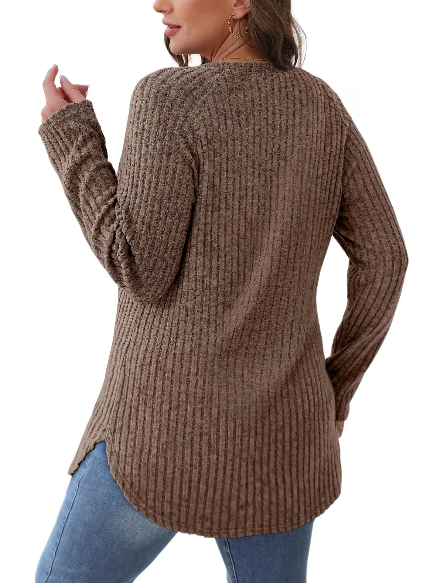 Women's Long Sleeve Ribbed Green Pullover Top — feature 35