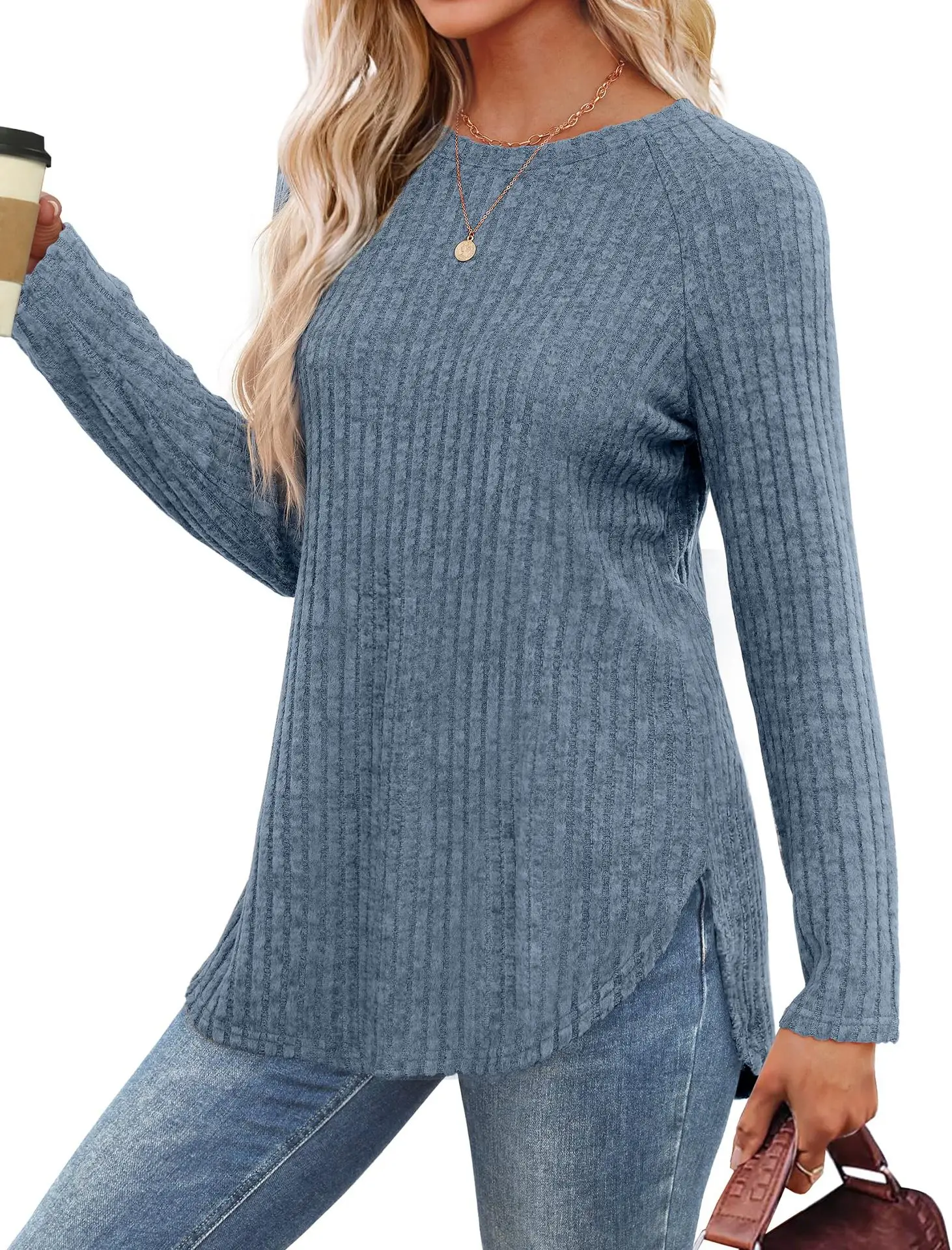 Women's Long Sleeve Ribbed Green Pullover Top — feature 36