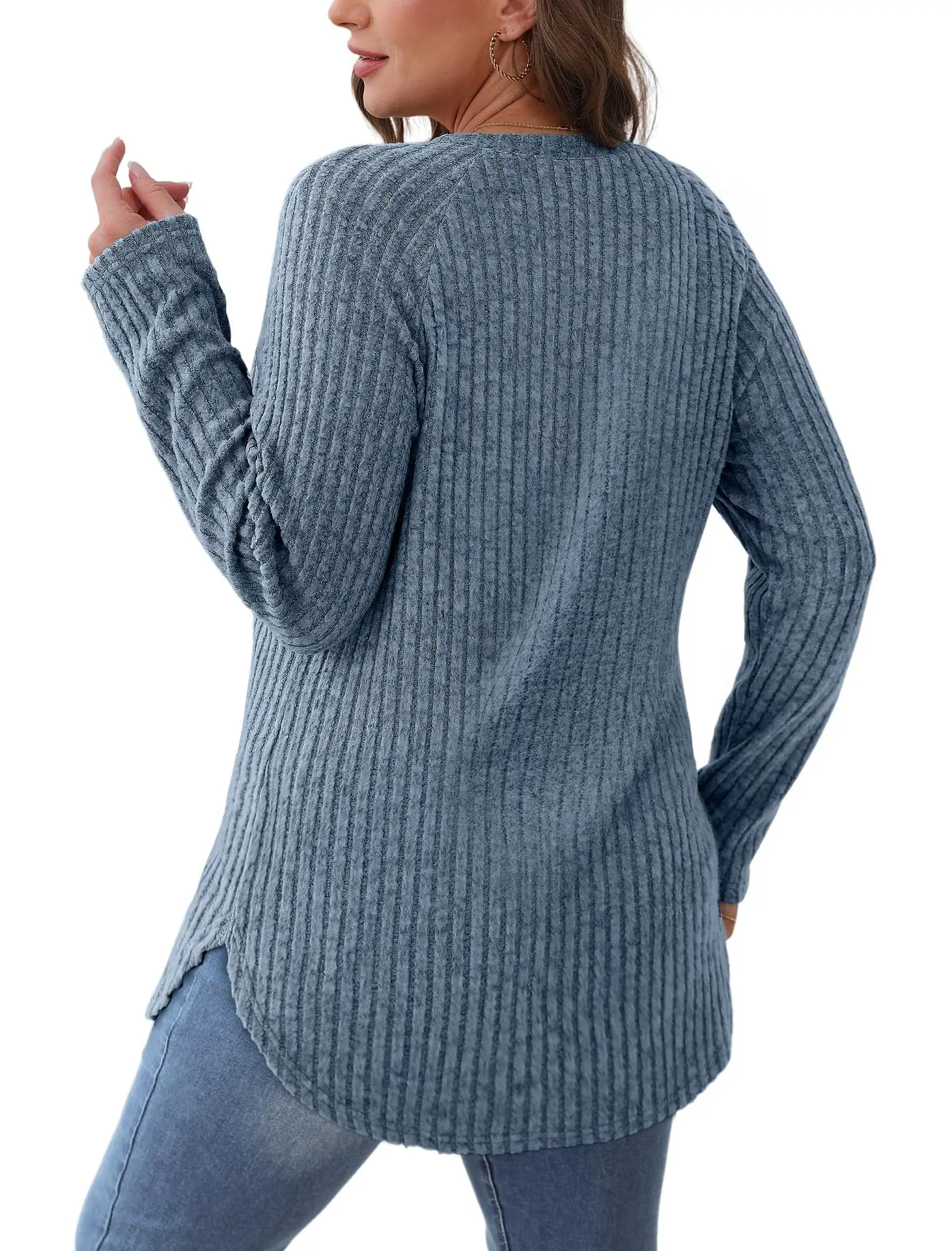 Women's Long Sleeve Ribbed Green Pullover Top — feature 40