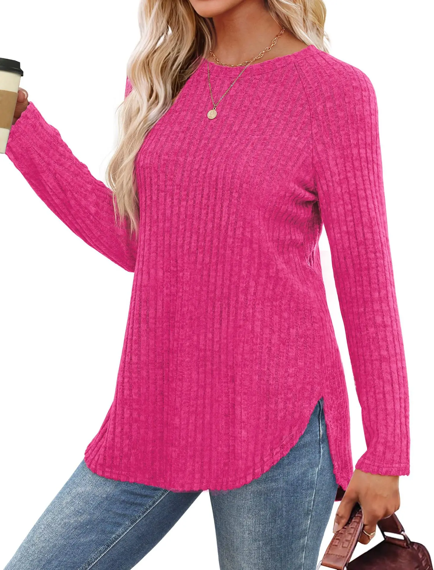 Women's Long Sleeve Ribbed Green Pullover Top — feature 42