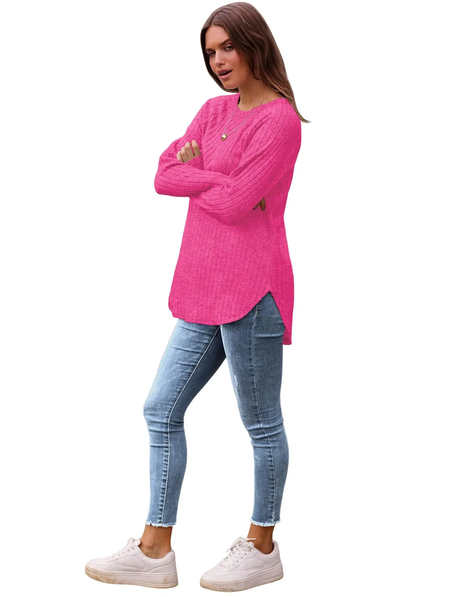 Women's Long Sleeve Ribbed Green Pullover Top — feature 43