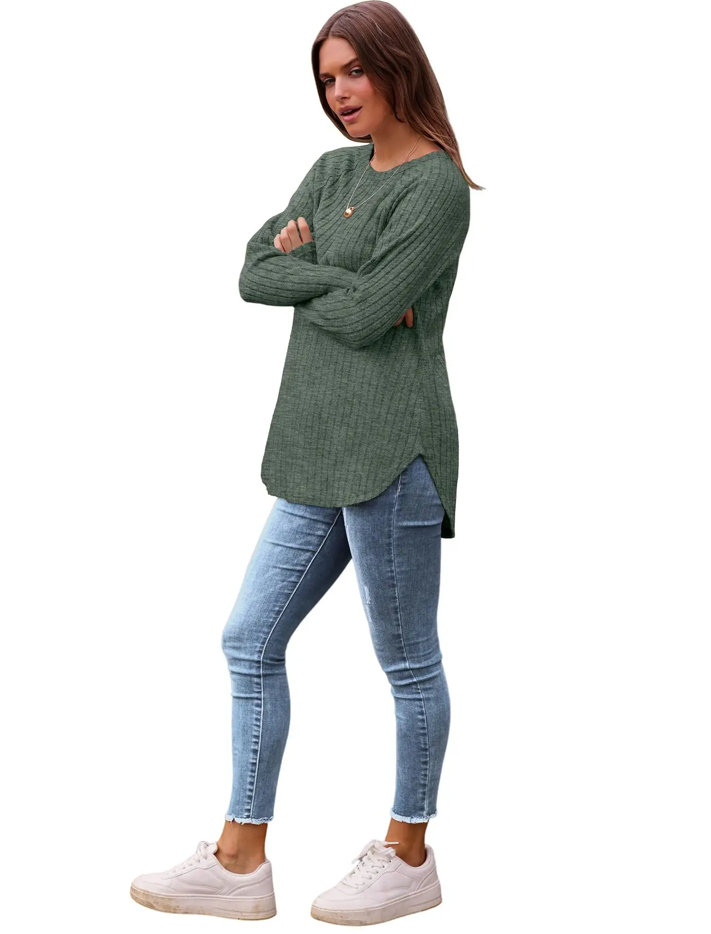 Women's Long Sleeve Ribbed Green Pullover Top — feature 6