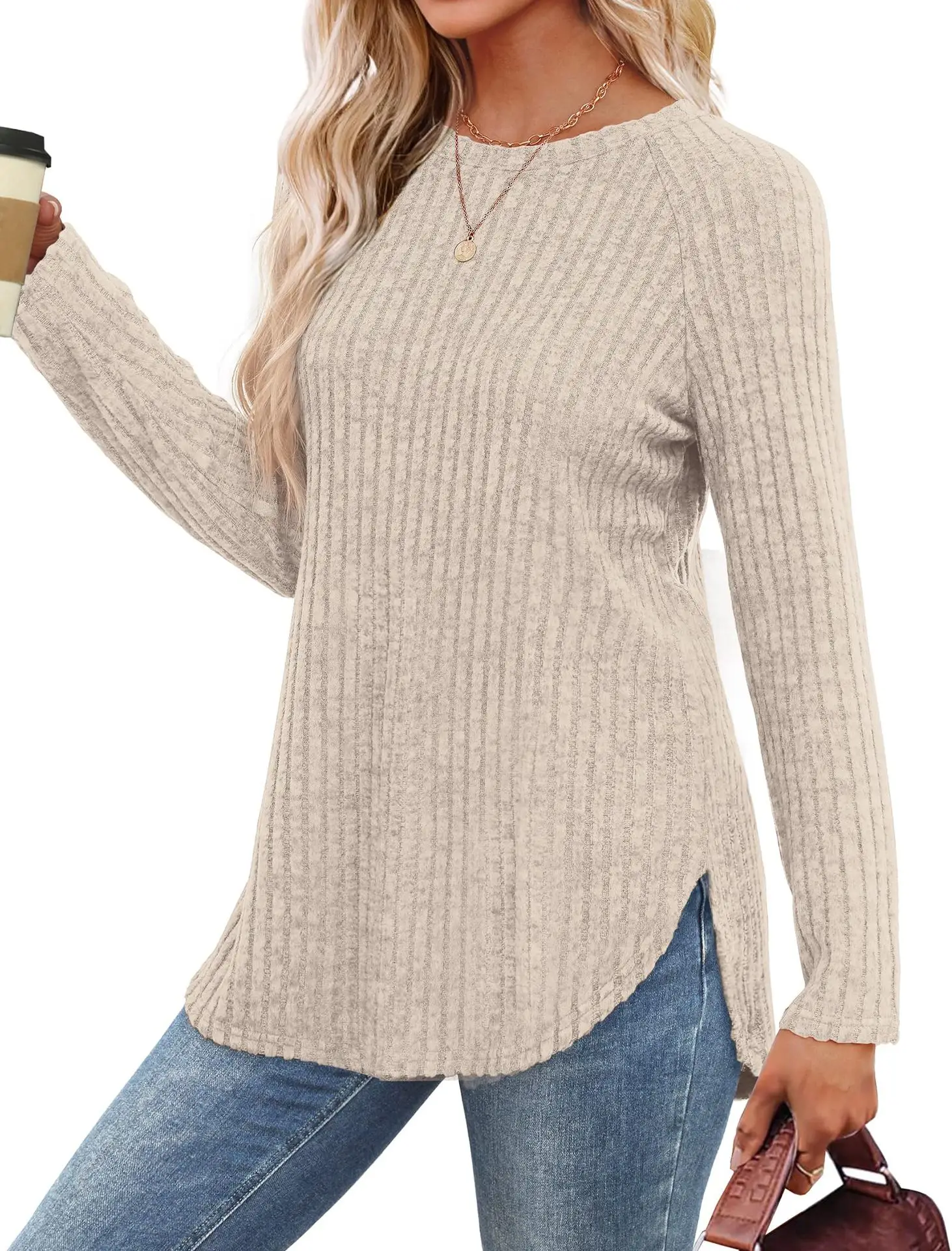 Women's Long Sleeve Ribbed Green Pullover Top — feature 8