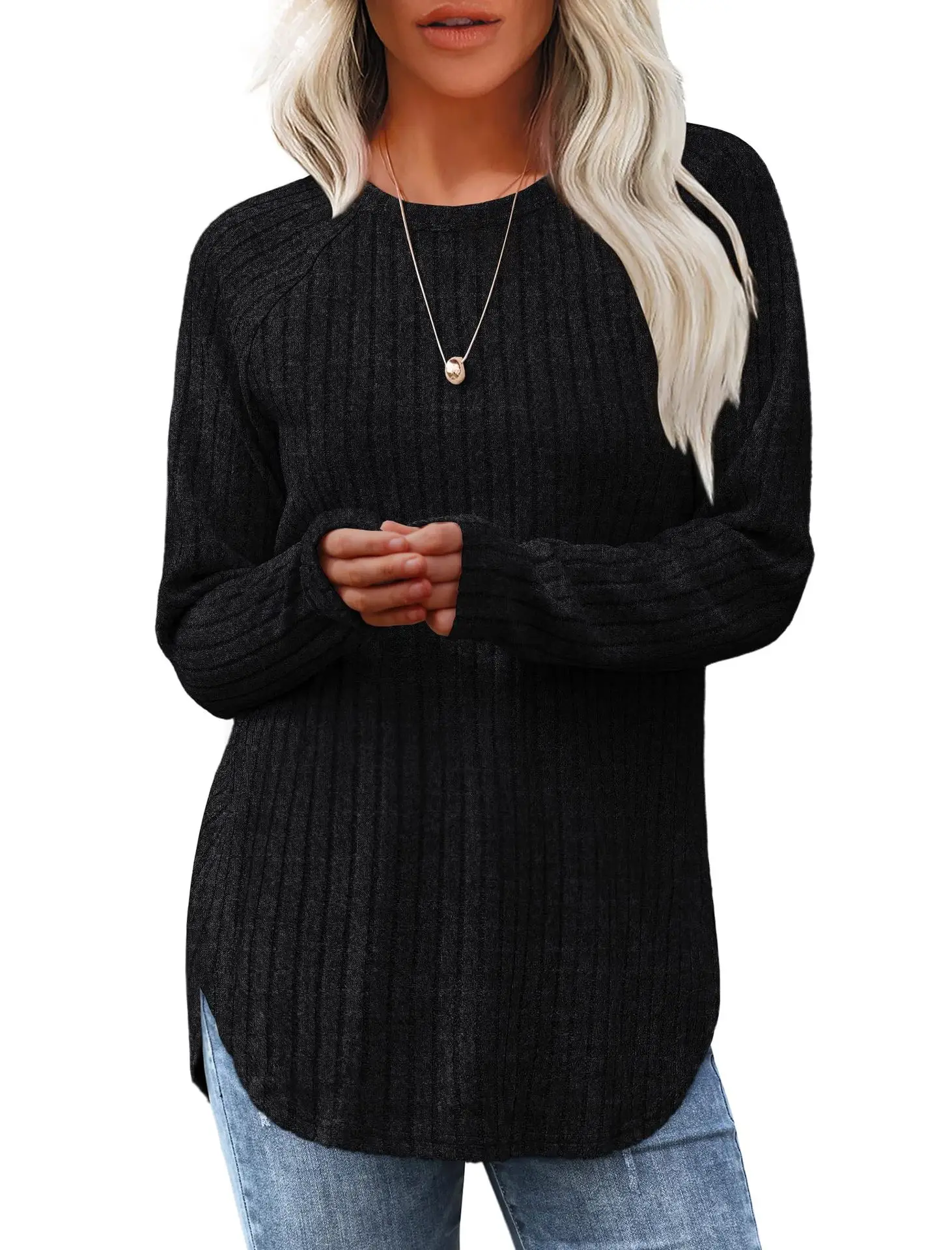 Women's Long Sleeve Ribbed Green Pullover Top - Image 2