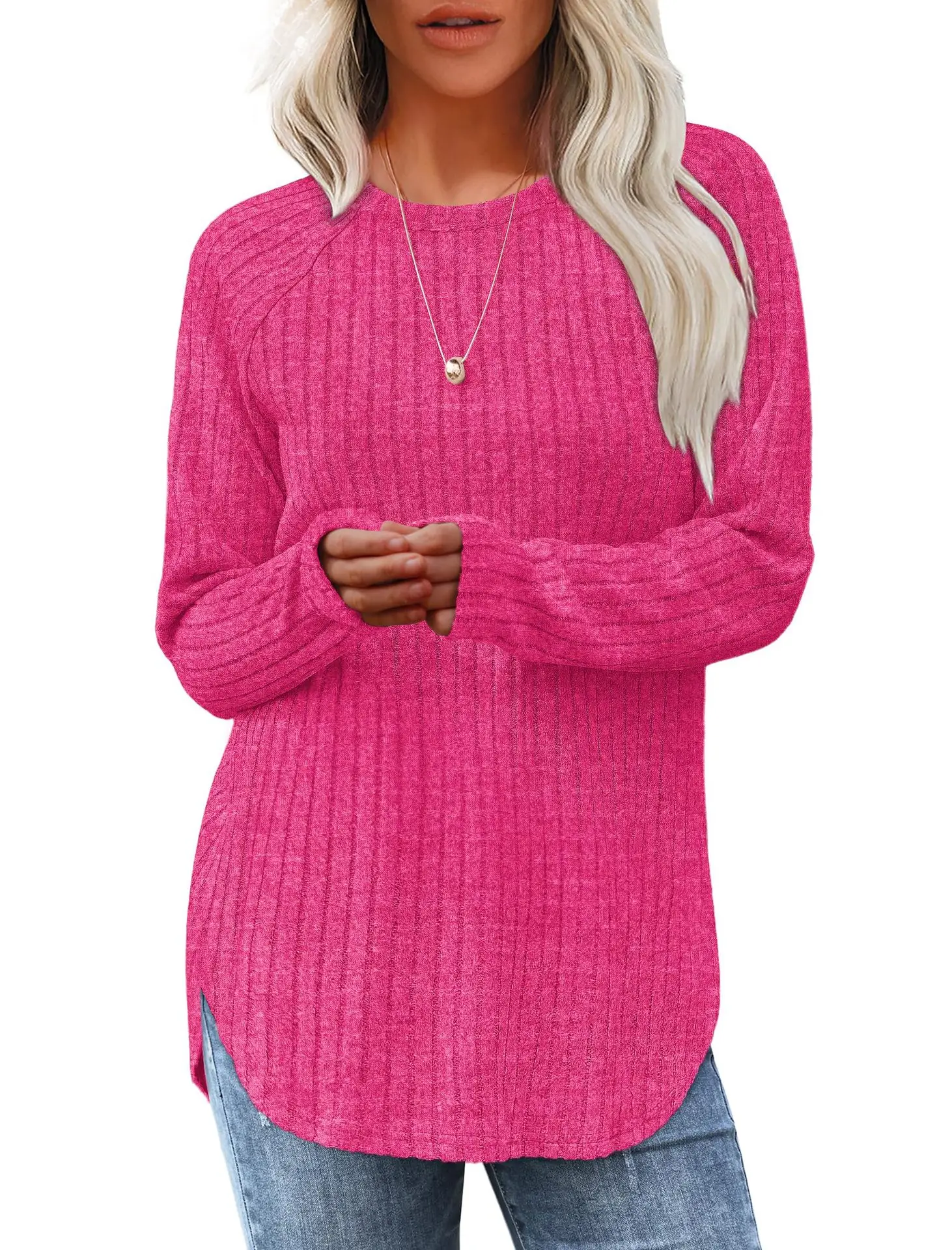 Women's Long Sleeve Ribbed Green Pullover Top - Image 3