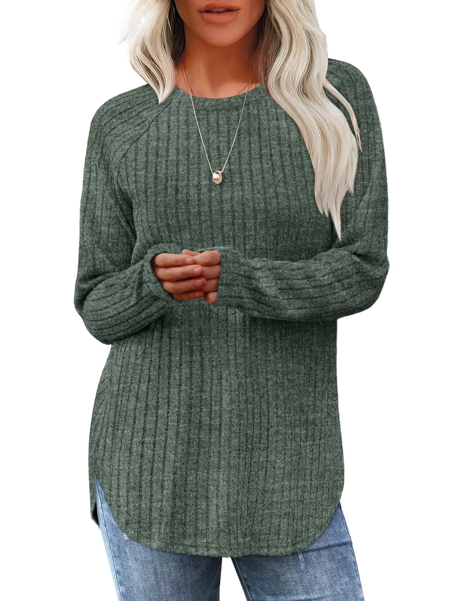 Women's Long Sleeve Ribbed Green Pullover Top - Image 4