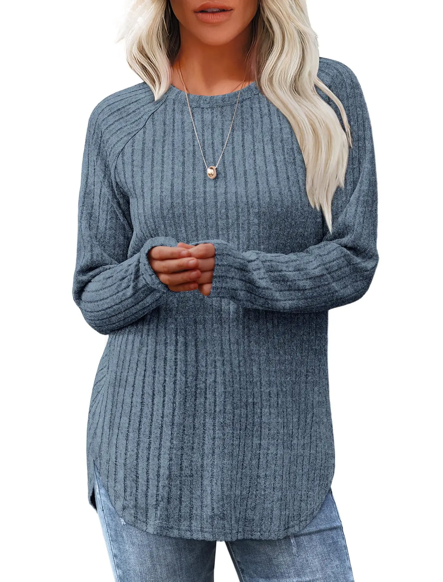 Women's Long Sleeve Ribbed Green Pullover Top - Image 5