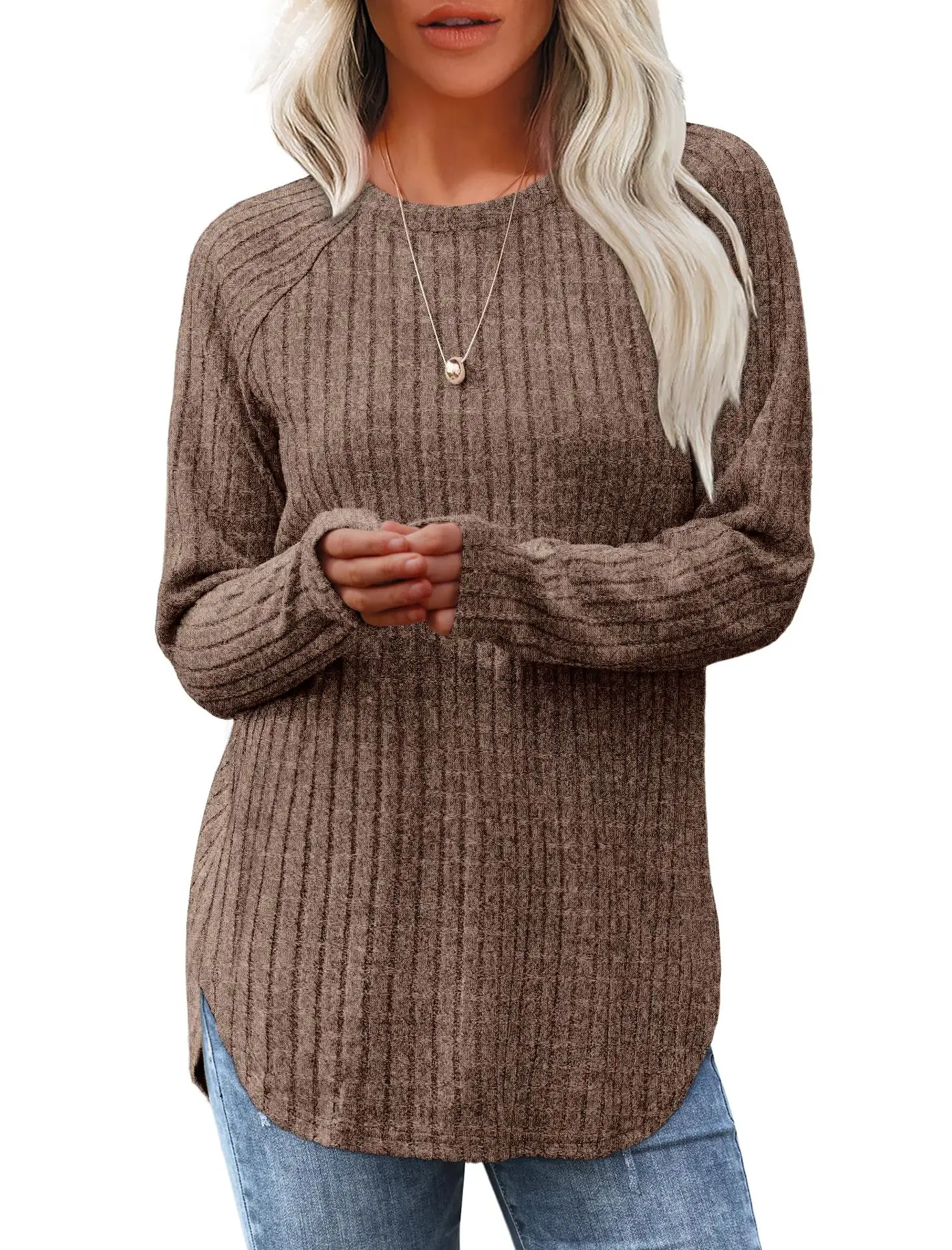 Women's Long Sleeve Ribbed Green Pullover Top - Image 6