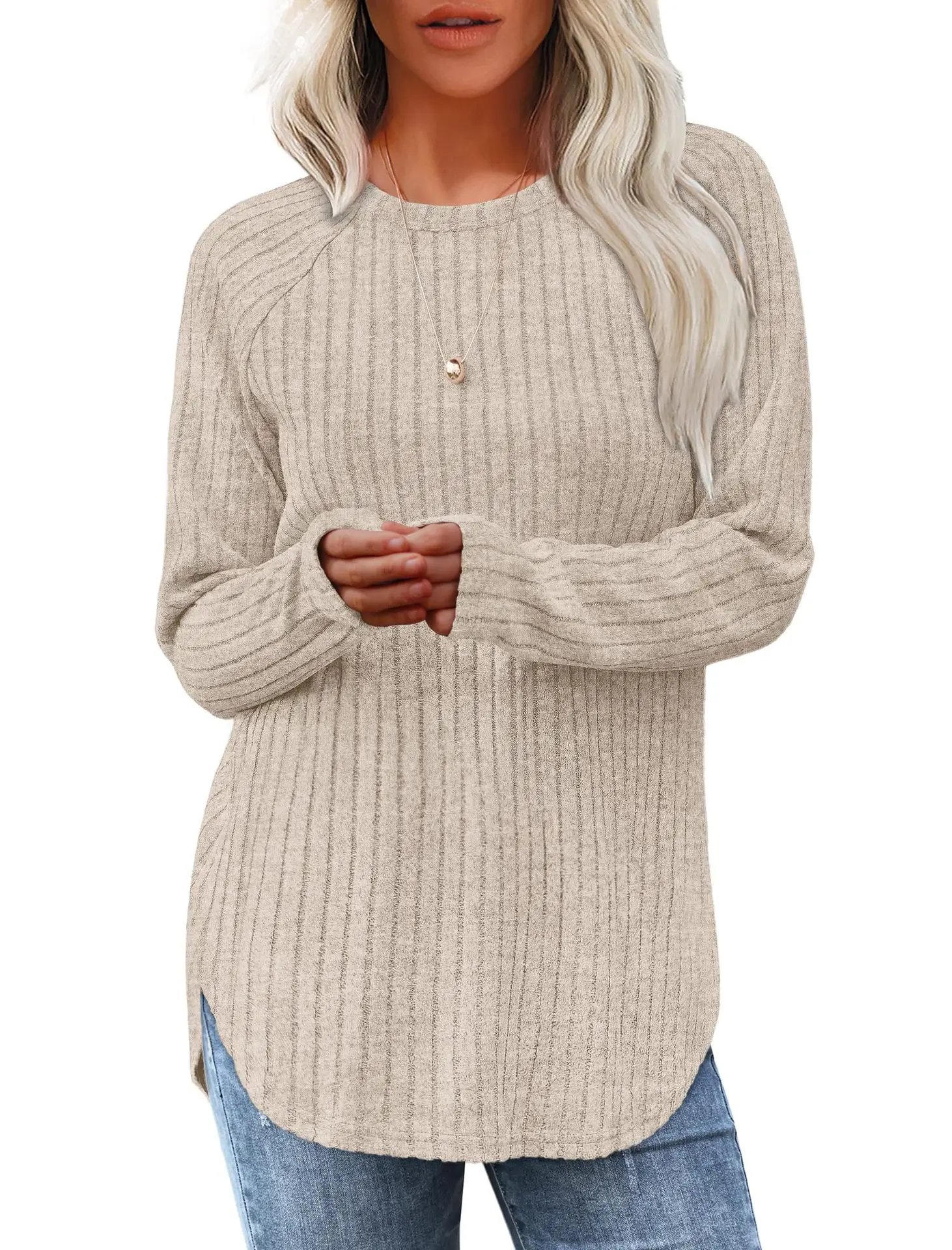 Women's Long Sleeve Ribbed Green Pullover Top - Image 7