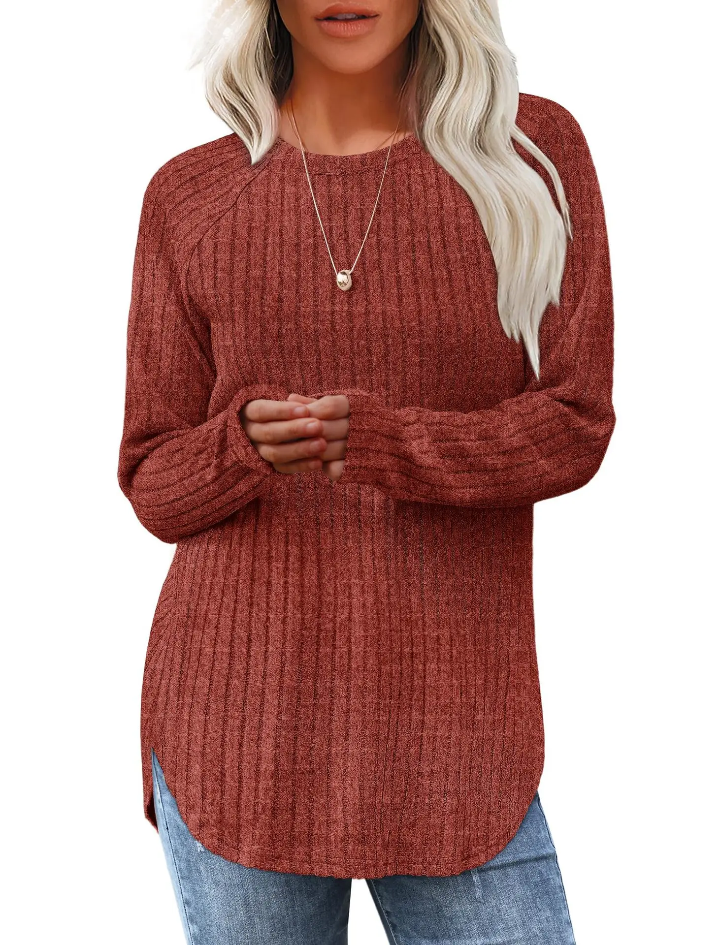 Women's Long Sleeve Ribbed Green Pullover Top - Image 8