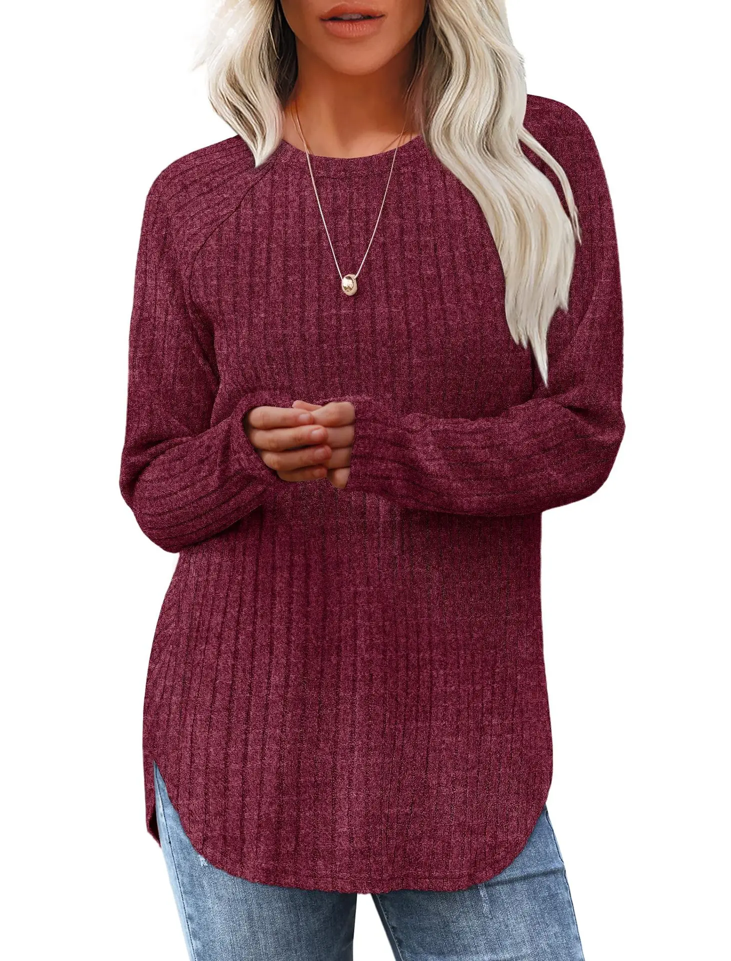 Women's Long Sleeve Ribbed Green Pullover Top - Image 9