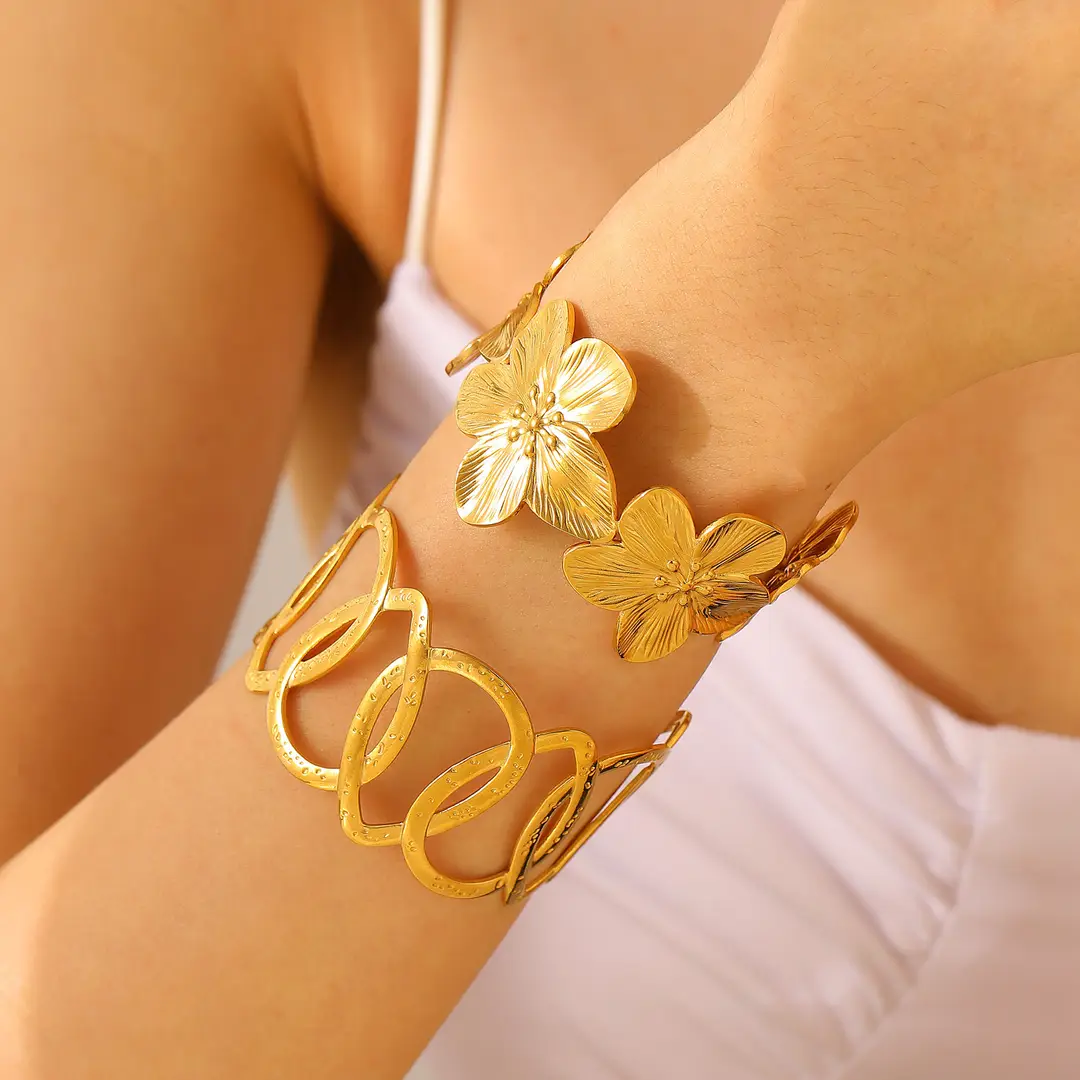 European and American Cross-border Jewelry Golden Fashion Hollow Flower Leaf Opening Bracelet Arm Ring for Women Stainless Steel Bracelet