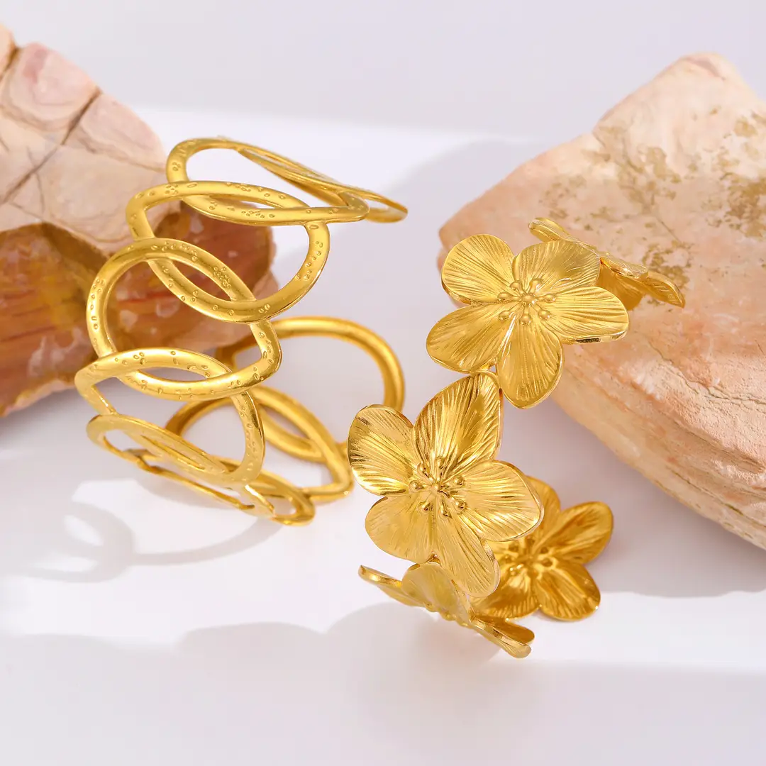 European and American Cross-border Jewelry Golden Fashion Hollow Flower Leaf Opening Bracelet Arm Ring for Women Stainless Steel Bracelet