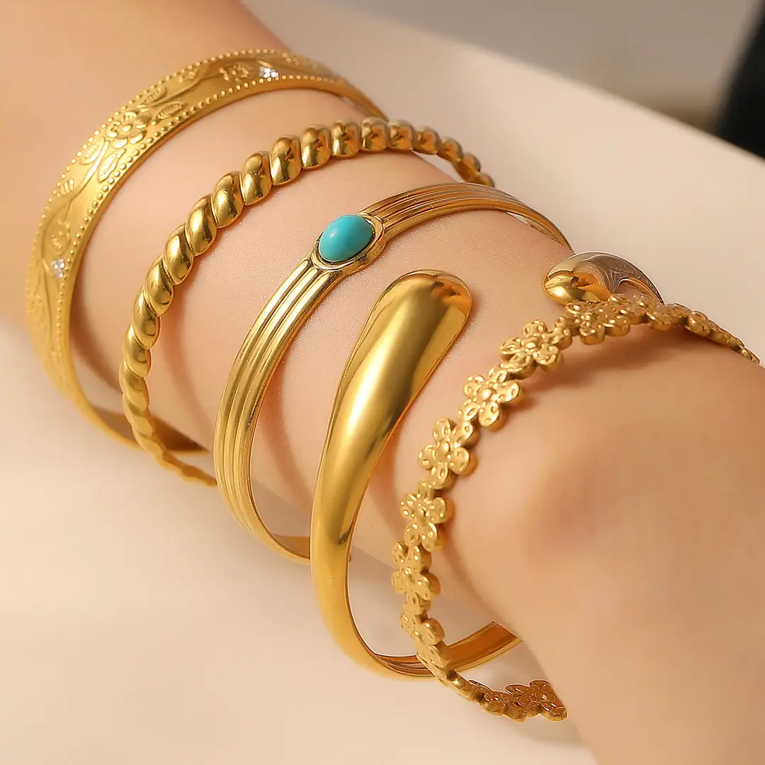 European and American Cross-border Jewelry Golden Fashion Hollow Flower Leaf Opening Bracelet Arm Ring for Women Stainless Steel Bracelet