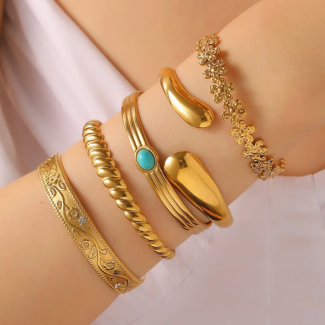 European and American Cross-border Jewelry Golden Fashion Hollow Flower Leaf Opening Bracelet Arm Ring for Women Stainless Steel Bracelet