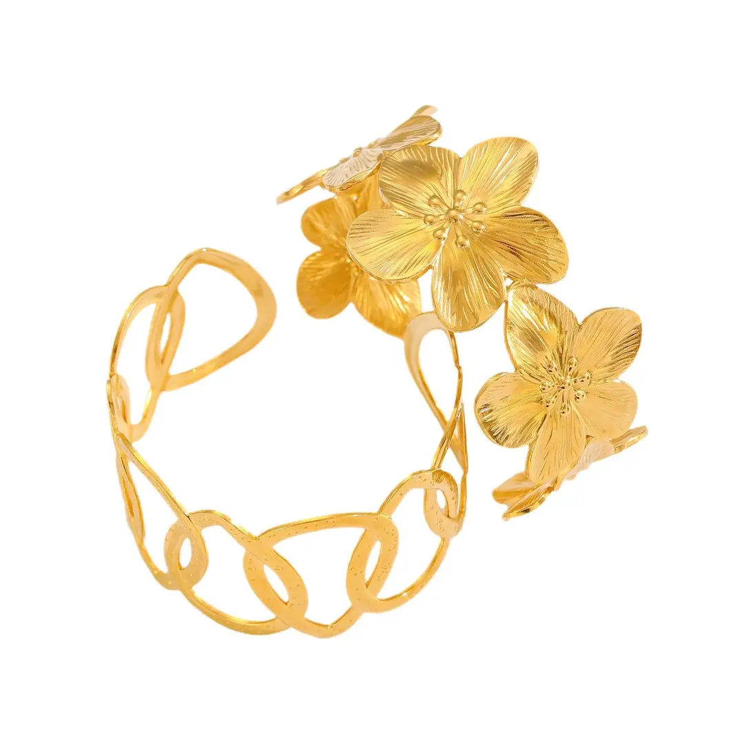 European and American Cross-border Jewelry Golden Fashion Hollow Flower Leaf Opening Bracelet Arm Ring for Women Stainless Steel Bracelet