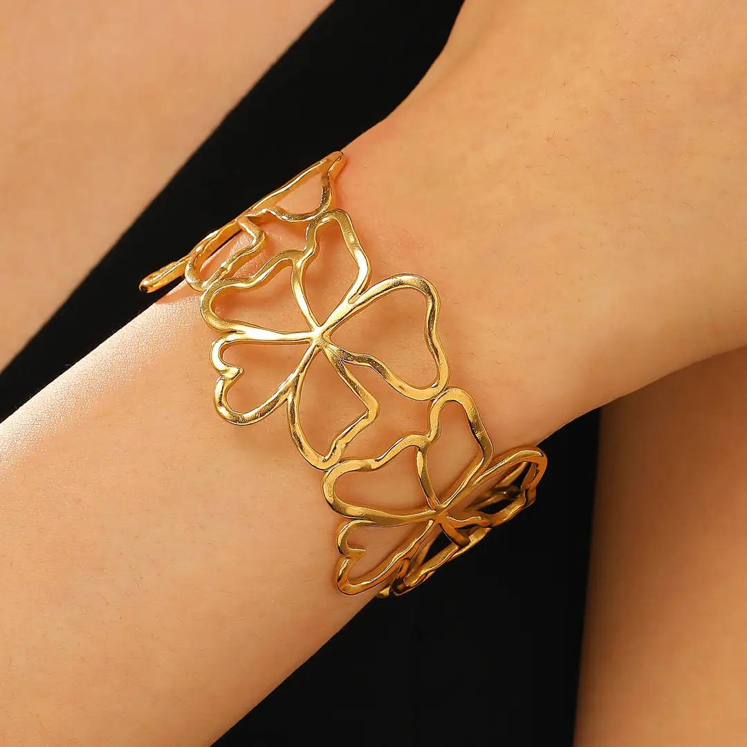 European and American Cross-border Jewelry Golden Fashion Hollow Flower Leaf Opening Bracelet Arm Ring for Women Stainless Steel Bracelet