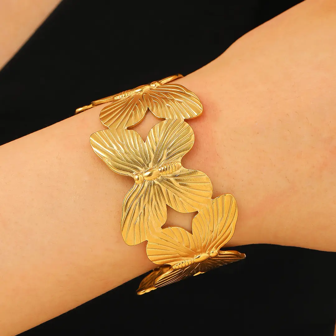 European and American Cross-border Jewelry Golden Fashion Hollow Flower Leaf Opening Bracelet Arm Ring for Women Stainless Steel Bracelet