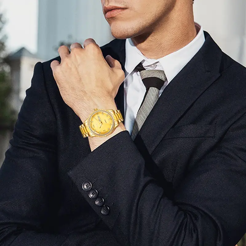 Gold Men's Waterproof Diamond Watch with Dual Calendar - Image 3