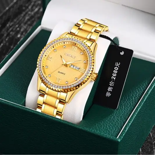 Gold Men's Waterproof Diamond Watch with Dual Calendar - Image 4