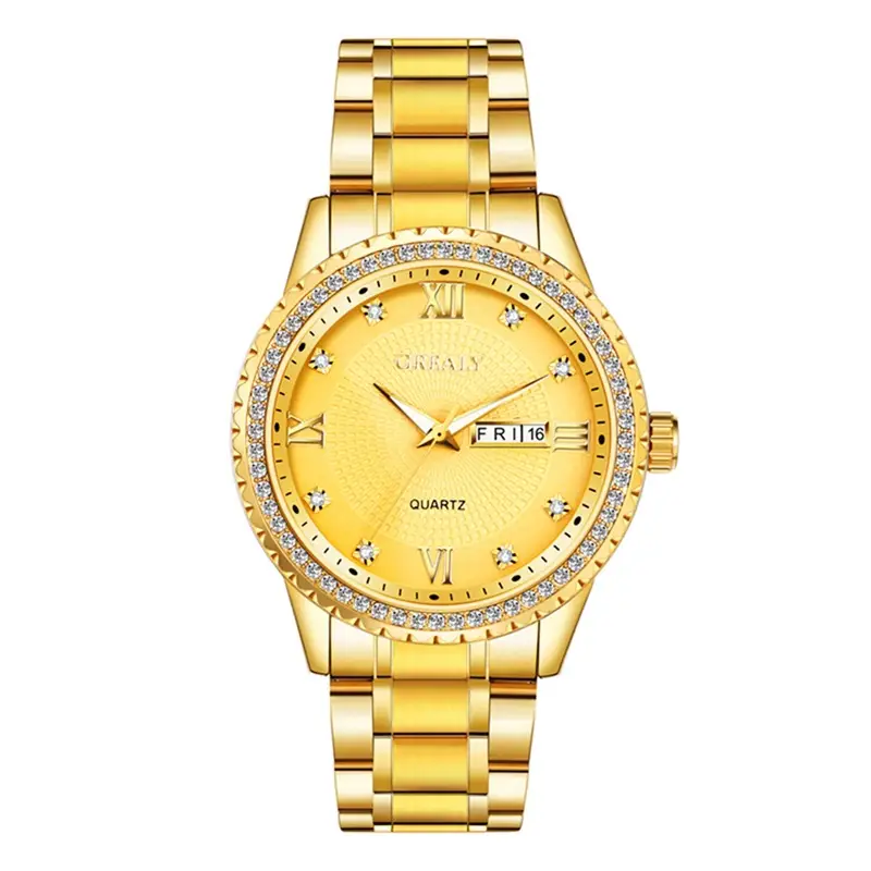 Gold Men's Waterproof Diamond Watch with Dual Calendar - Image 6