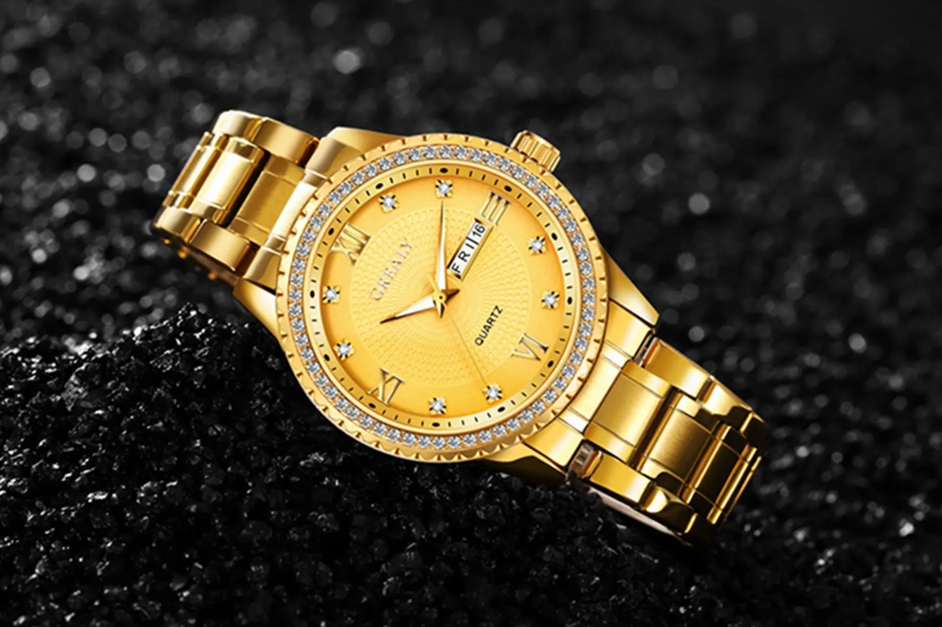 Gold Men's Waterproof Diamond Watch with Dual Calendar — feature 1