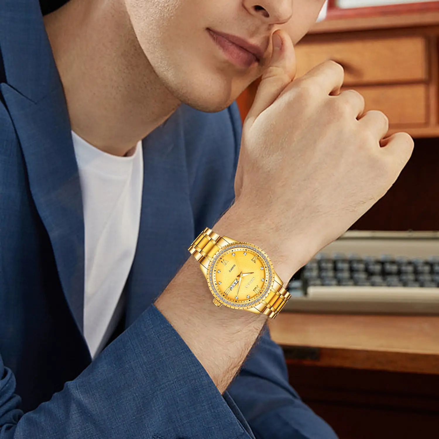 Gold Men's Waterproof Diamond Watch with Dual Calendar — feature 3