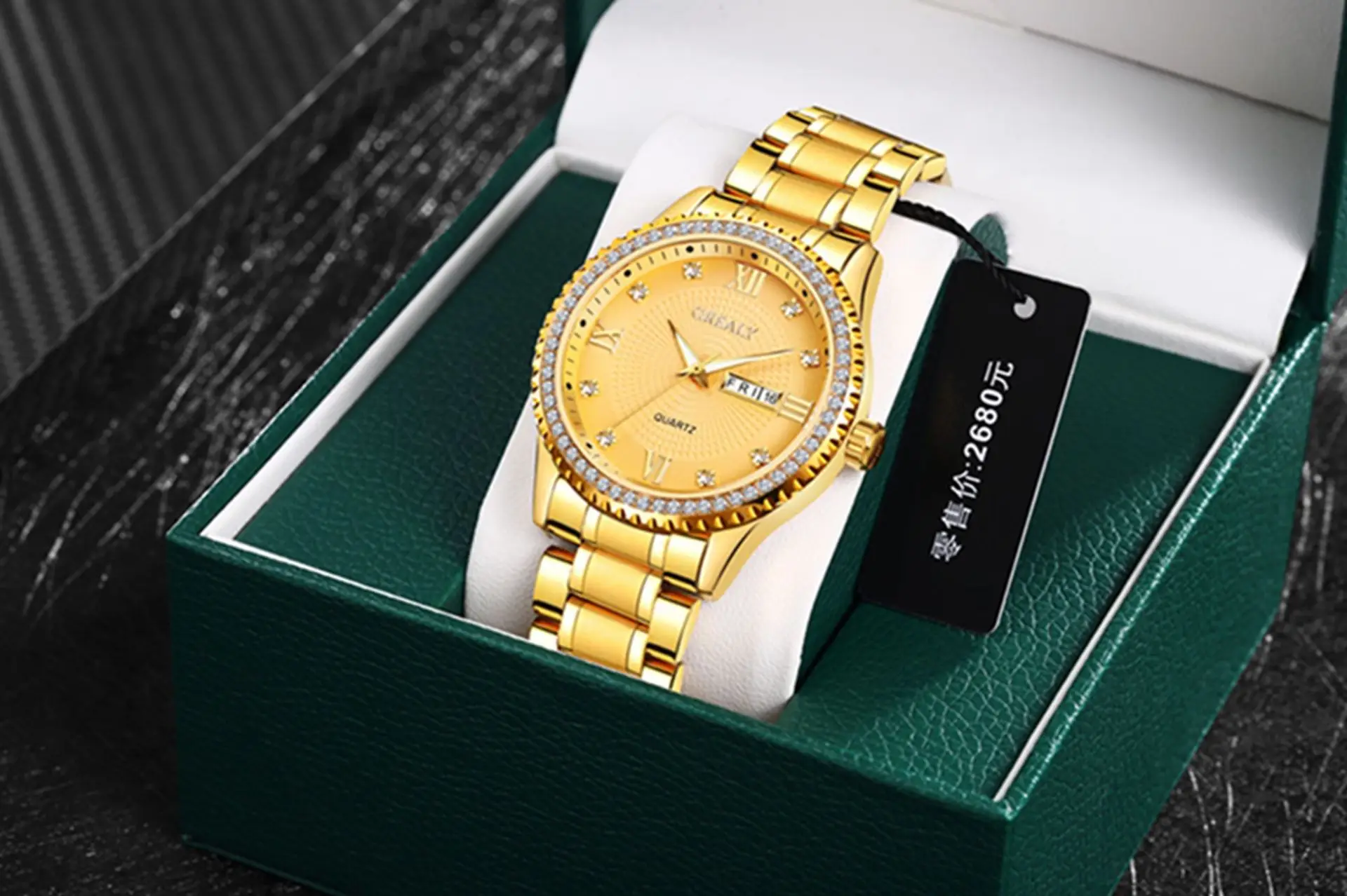 Gold Men's Waterproof Diamond Watch with Dual Calendar — feature 4