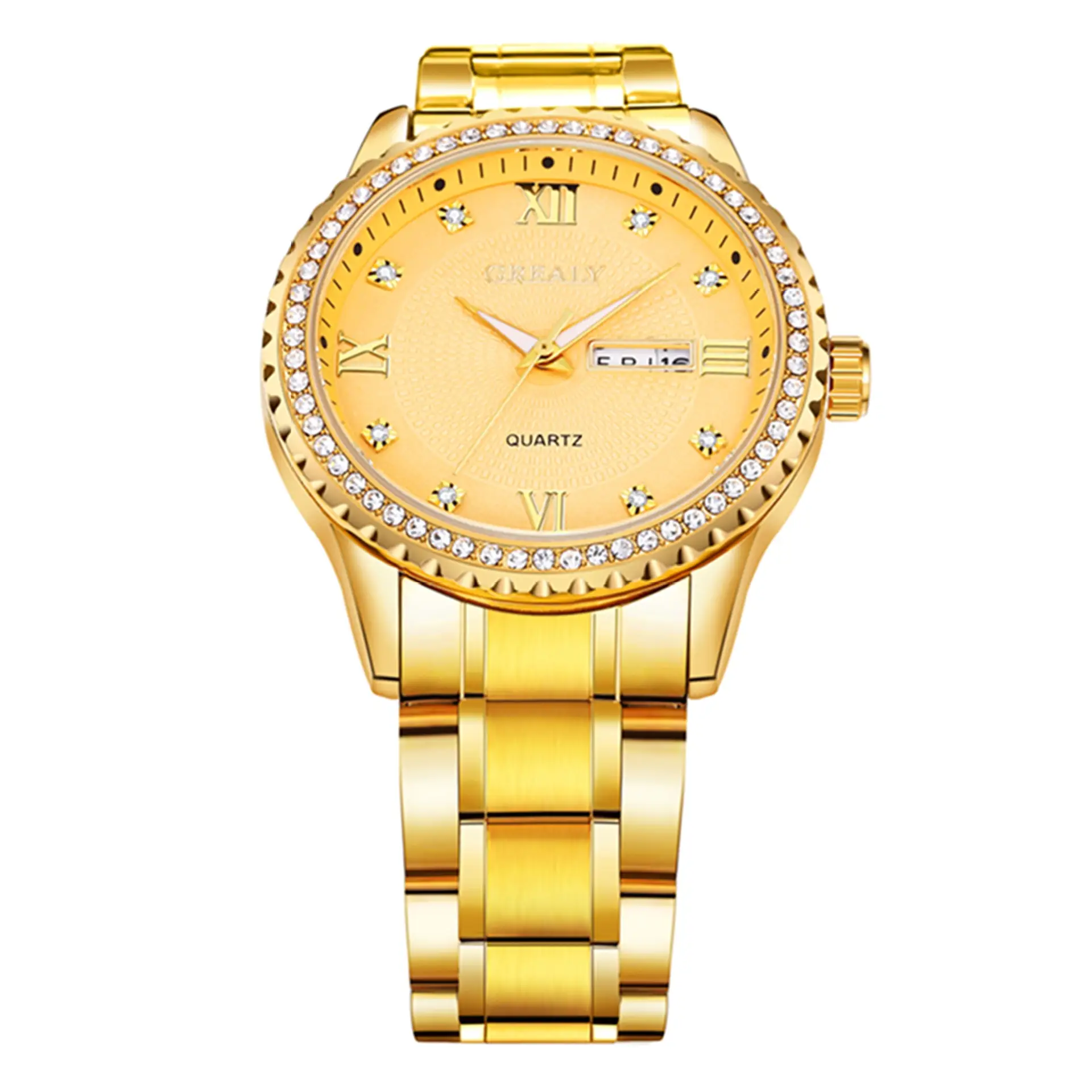 Gold Men's Waterproof Diamond Watch with Dual Calendar — feature 6