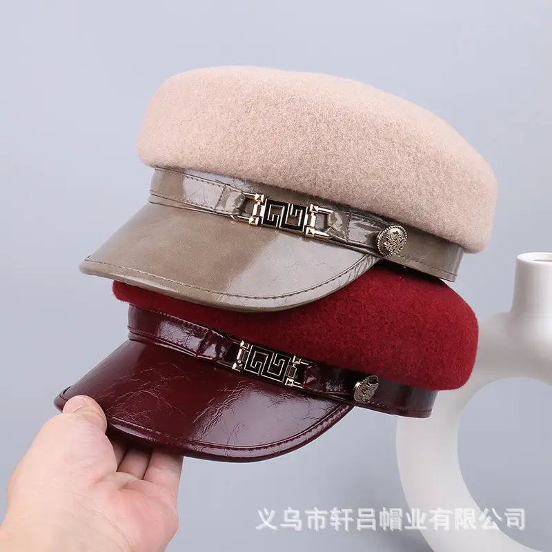 Women's Wool Leather Flat Cap with Buckle