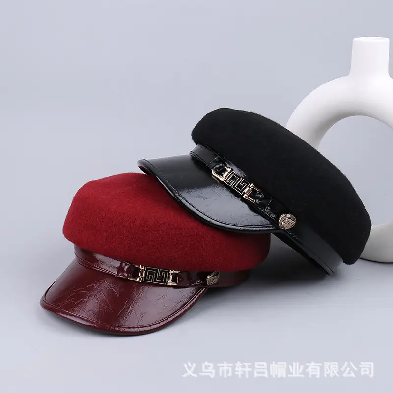 Women's Wool Leather Flat Cap with Buckle