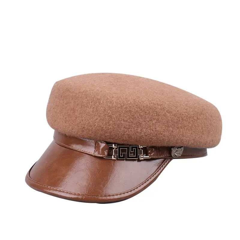 Women's Wool Leather Flat Cap with Buckle
