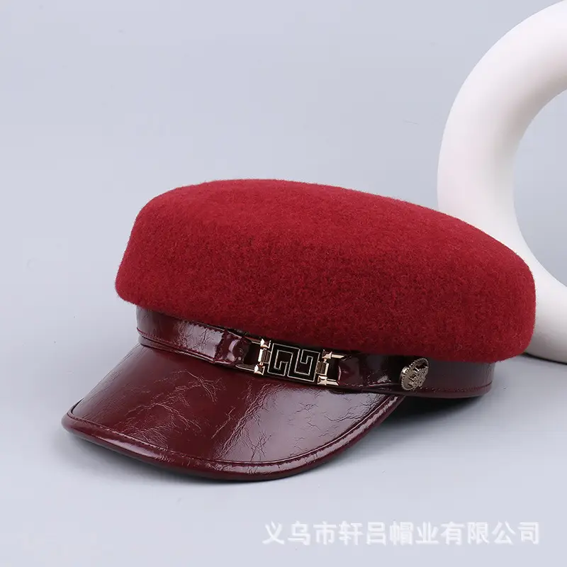 Women's Wool Leather Flat Cap with Buckle