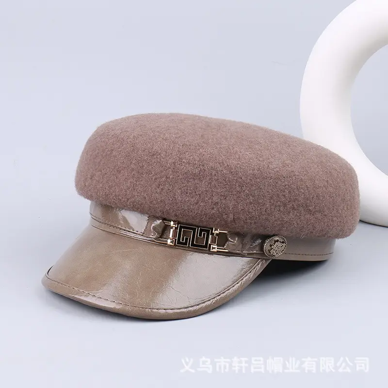 Women's Wool Leather Flat Cap with Buckle