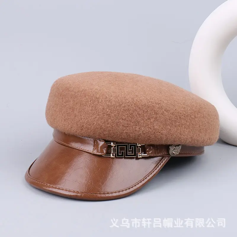 Women's Wool Leather Flat Cap with Buckle