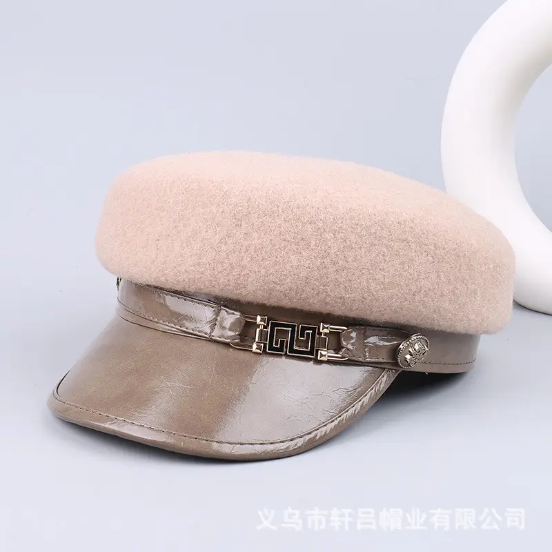 Women's Wool Leather Flat Cap with Buckle