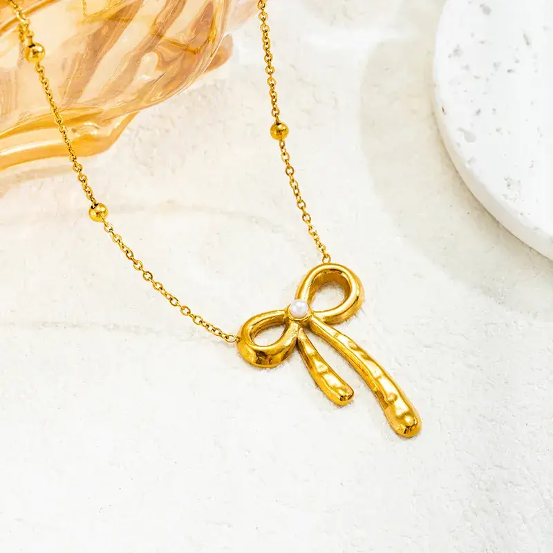 Sweet Real Gold Bow Pendant Necklace for Women - Image 2