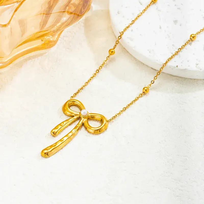 Sweet Real Gold Bow Pendant Necklace for Women - Image 3