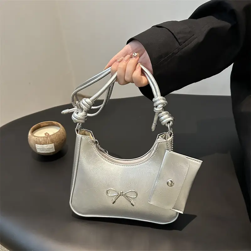 Silver Bow Underarm Bag Women Senmeng