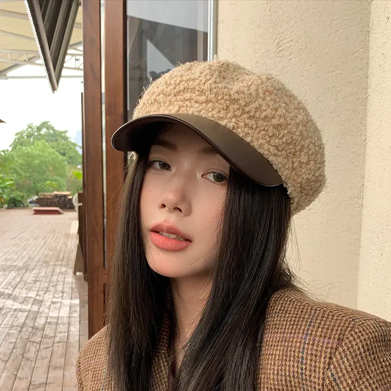 Korean Style PU Leather Brim Beret Women's Hat