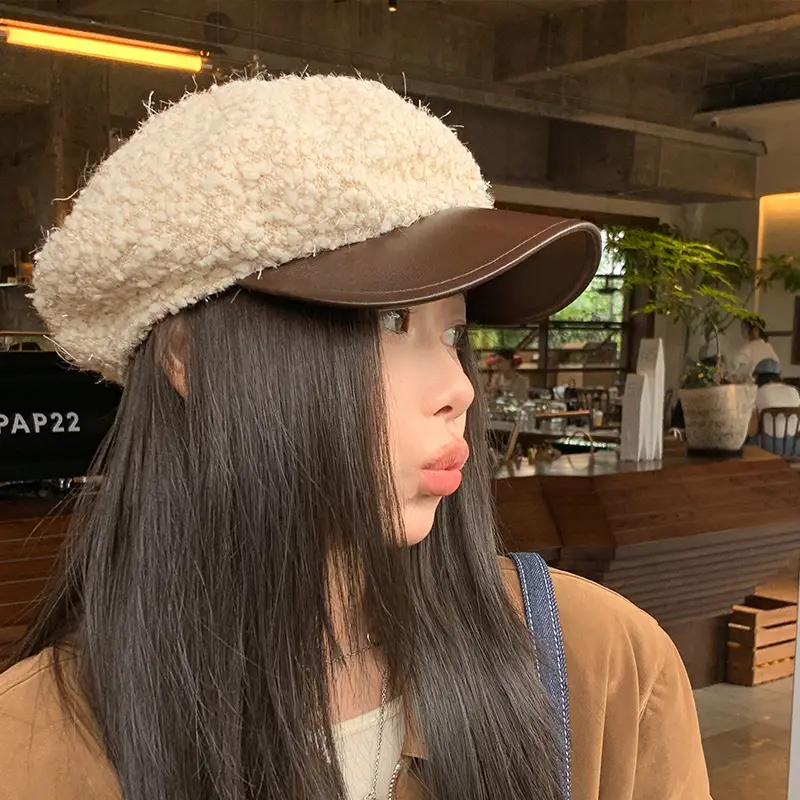Korean Style PU Leather Brim Beret Women's Hat