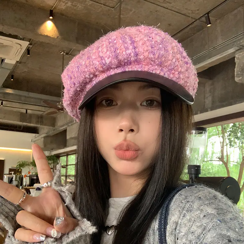 Korean Style PU Leather Brim Beret Women's Hat