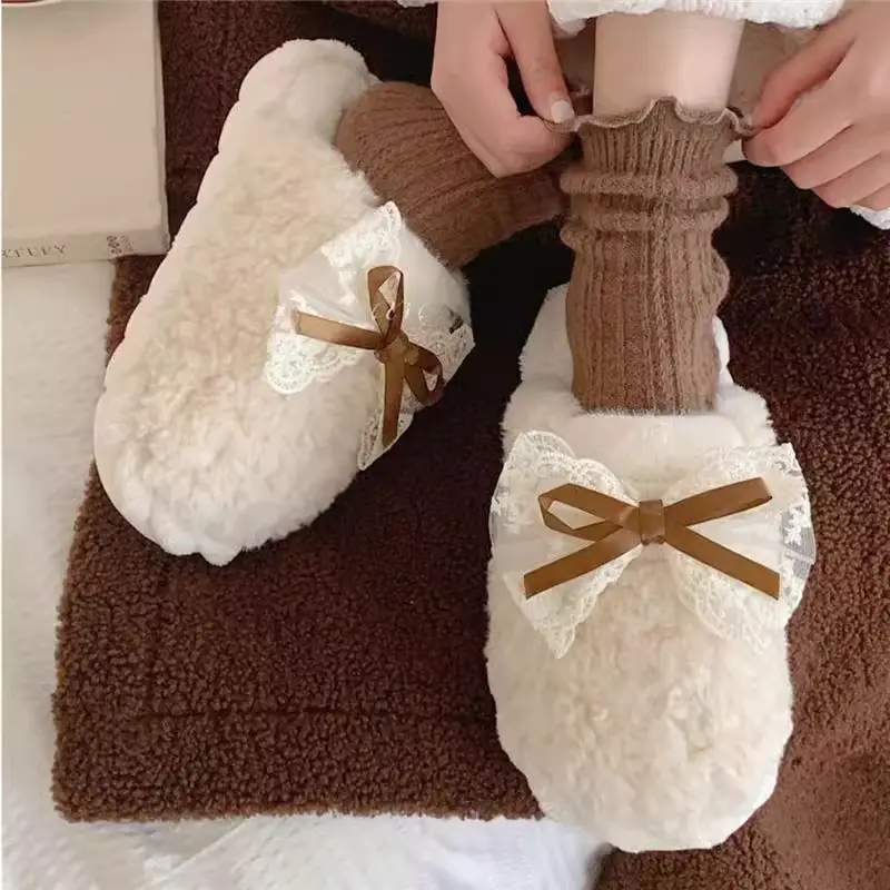 Men and women's indoor warm winter moon shoes Korean fairy style bow fashion new couple cotton slippers