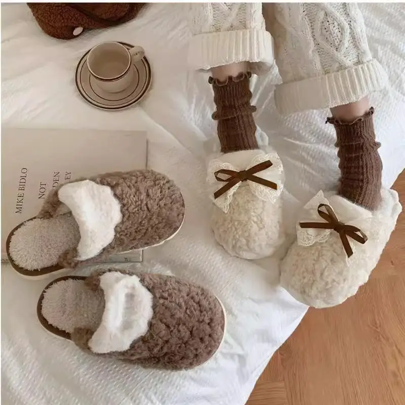 Men and women's indoor warm winter moon shoes Korean fairy style bow fashion new couple cotton slippers