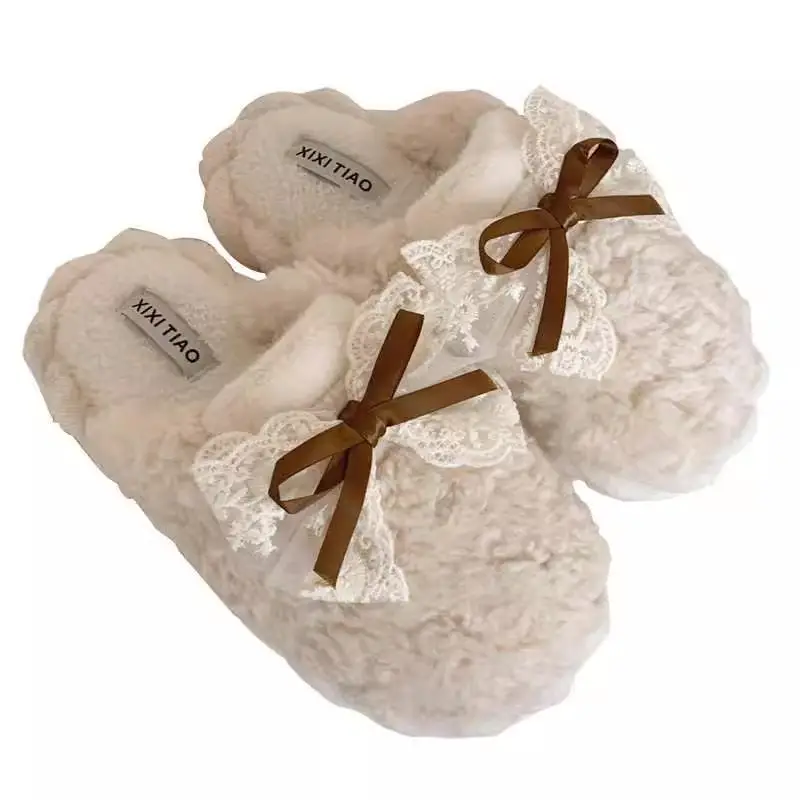 Men and women's indoor warm winter moon shoes Korean fairy style bow fashion new couple cotton slippers