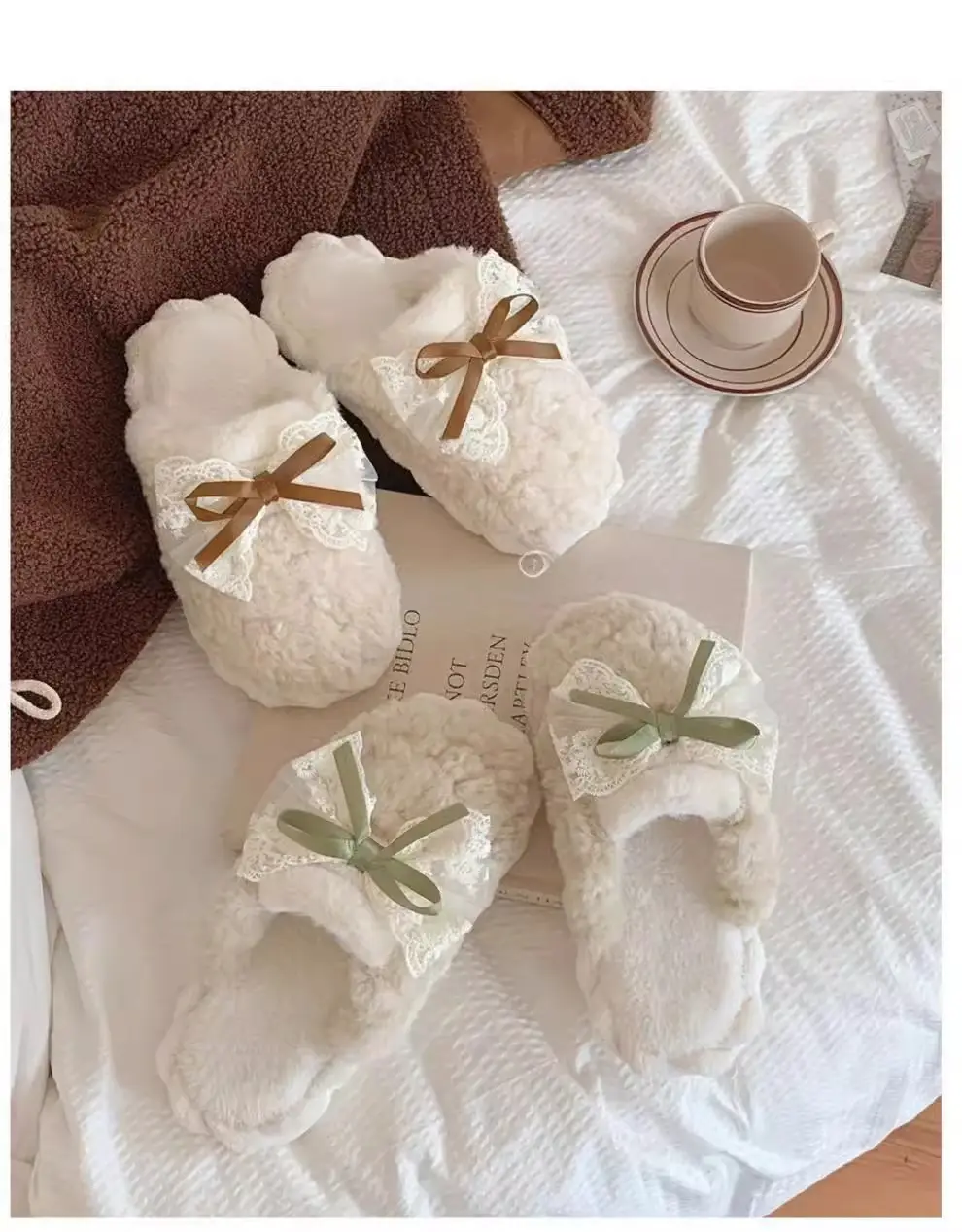 Men and women's indoor warm winter moon shoes Korean fairy style bow fashion new couple cotton slippers — feature 2